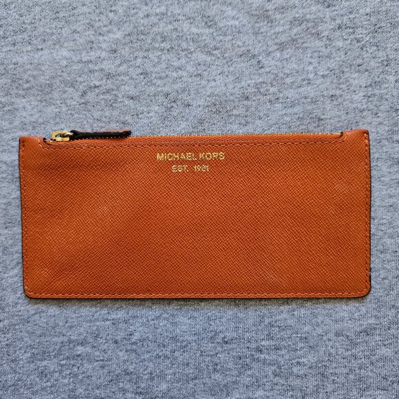 Michael Kors Orange Slim Zip Insert  Wallet Gold Details Pebbled Finish Small - Picture 1 of 5